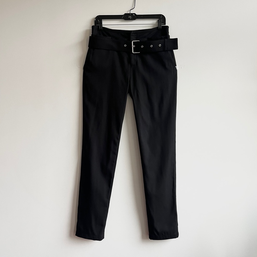 Helmut Lang black wool double waistband big buckle belt trouser pants